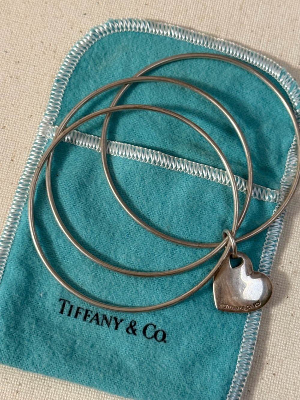 Tiffany & Co. Sterling Silver 925 Three Bangle Bracelet W/Heart Charm W/Pouch - Picture 5 of 16